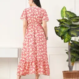 DECKEDUP Peach Cotton Printed A-Line Dress image 2