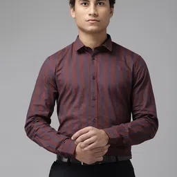 Blackberrys Men Burgundy & Navy Blue Pure Cotton Slim Fit Striped Formal Shirt image 1
