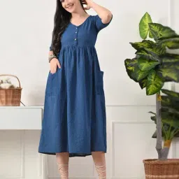DECKEDUP Blue Cotton Printed A-Line Dress-picture-33