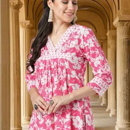 FASHOR Women Floral Printed Pure Cotton A-Line Kurta with Trouser image 5