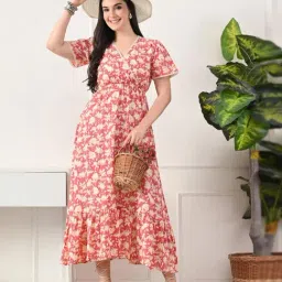 DECKEDUP Peach Cotton Printed A-Line Dress image 5