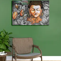 999Store Grey & Brown Budhha Face And Flowers Canvas Framed Wall Art-image-2