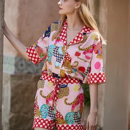 JC Collection Women Lapel Collar Animal Printed Night Suit image 2