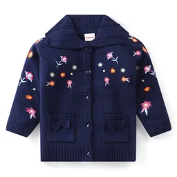 Babyhug Knitted Full Sleeves Sweater with Floral Embroidery - Navy Blue-picture-20