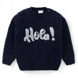 Babyhug Knit Full Sleeves Pullover Sweater with Sequinned Text Design - Navy Blue image 1