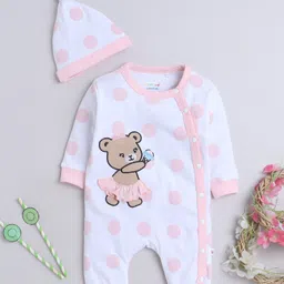 BUMZEE Cotton Full Sleeves Polka Dots Printed Romper With Coordinating Cap - White & Pink-picture-17
