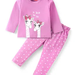 Babyhug Cotton Knit Full Sleeves Night Suit with Giraffe & Heart Print - Lilac-picture-24
