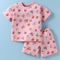 CUCUMBER Sinker Knit Half Sleeves Butterfly Printed Shorts Night Suit - Pink-picture-48