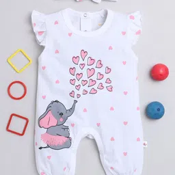 BUMZEE Cotton Woven Frill Sleeves Elephant & Heart Printed Romper With Headband - White-picture-31