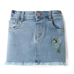 Babyhug Denim Mid Thigh Washed Skirts With Floral & Bee Embroidery - Light Blue-image-42