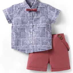 ToffyHouse Cotton Woven Half Sleeves Abstract Printed Shirt & Short Set With Bow & Suspender - Light Red-image-57