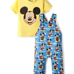 Babyhug Disney Single Jersey Knit Dungaree & Half Sleeves T-Shirt With Mickey Mouse Print - Blue & Yellow-picture-34