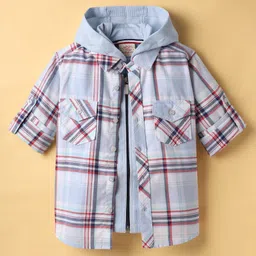 Rikidoos Full Sleeves Checked Shirt With Attached Hooded Tee - Sky Blue-picture-22