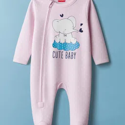 Babyhug Cotton Knit Full Sleeves Sleepsuit With Animal Print - Pink-picture-38
