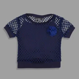 Actuel Cotton Knit Half Sleeves Floral Applique Detailed Top - Navy Blue-picture-21