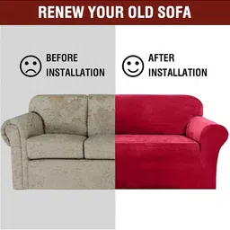 Myntra Elegant Homes Red Solid Velvet 1 Piece Sofa Cover With Arms image 2