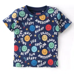 Babyhug Cotton Knit Single Jersey Half Sleeves Night Suit With Text & Smiley Print - Navy Blue image 2