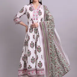 HERE&NOW Women Floral Printed Panelled Pure Cotton Kurta with Trousers & With Dupatta-picture-27