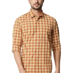 Basics Sierra Orange Cotton Slim Fit Checks Shirt-image-3