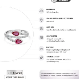 ornate jewels 925 Silver Pear Red Ruby and American Diamond Leaf Design Bypass Ring for Women & Girls image 5