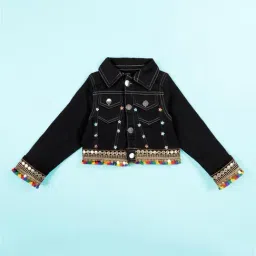 Kiddopanti Girls Black Denim Regular Fit Lace Jacket-image-29