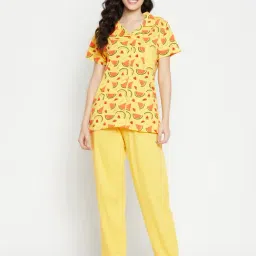Clovia Yellow Printed Cotton Shirt With Pyjamas-image-33