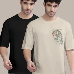 Bullmer Black & Chalk Cotton Oversized Fit Printed T-Shirt - Pack Of 2-picture-29
