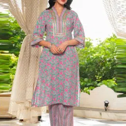 Aramya Blue & Pink Cotton Floral Print Straight Kurta-picture-12