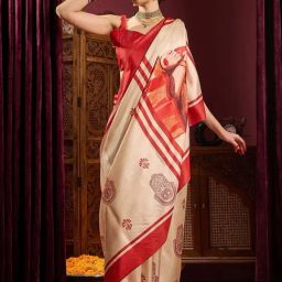 Saree Mall White Printed Sarees With Unstitched Blouse-picture-28
