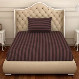 Spaces Skyrise Stripes Brown 210 TC Cotton Single Bedsheet With 1 Pillow Covers-picture-33