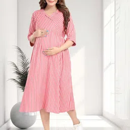 MomsBae Women Striped Cross Over Feeding Cotton Fit and Flare Midi Dress-picture-23