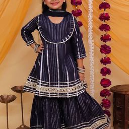 Aj DEZInES Girls Striped Cotton A-Line Kurti with Sharara & Dupatta-picture-12