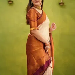 Anjaneya Sarees Beige Silk Woven Saree With Unstitched Blouse image 2