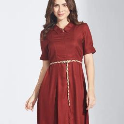 Latin Quarters Maroon Rayon Solid Dress-picture-1