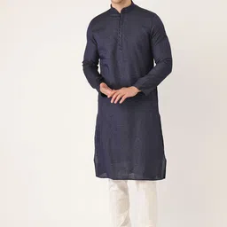 Manyavar Men Navy Blue & White Self Design Kurta with Churidar-picture-4