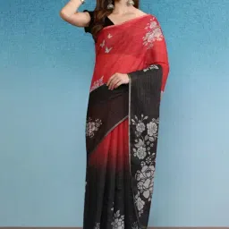 Silk Land Black Floral Print Saree With Unstitched Blouse-image-83