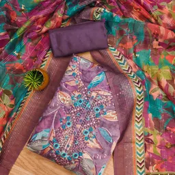HERE&NOW Floral Foil Printed Beads And Stones Modal Cotton Unstitched Dress Material-image-95