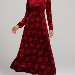 HERE&NOW Women Floral Printed Velvet A-Line Maxi Dress-picture-31