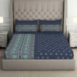 SPACES Queens Garden Dark Blue Cotton 138 TC Double Size Bedsheet With Pillow Covers-image-31