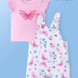 Babyoye 100% Cotton with Eco Jiva Finish Dungaree & Half Sleeves T-Shirt With Butterfly Print - Pink-picture-28