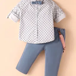 ToffyHouse Poplin Woven Full Sleeves Digital Printed Party Shirt & Trouser Set With Bow & Suspender - White & Blue image 1