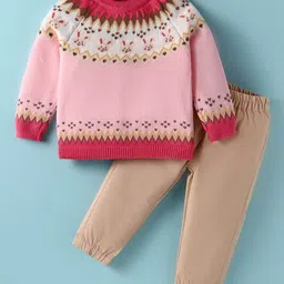 ToffyHouse Knit Full Sleeves Winter Wear T-Shirt & Lounge Pant Set With Aztec & Bunny Design - Pink-picture-18