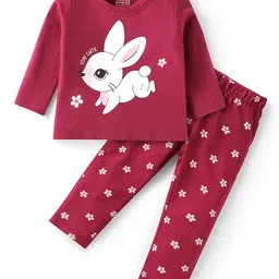 Babyhug Cotton Woven Full Sleeves Floral & Bunny Printed Night Suit - Wine-picture-27