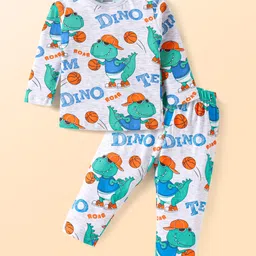 Babyhug Cotton Knit Full Sleeves Night Suit With Dino Print - Light Grey-image-69