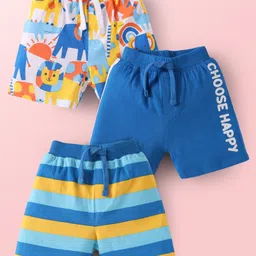 Babyhug Cotton Single Jersey Knit Mid Thigh Length Shorts with Animal Print & Stripes Pack of 3 - Blue & White-picture-36