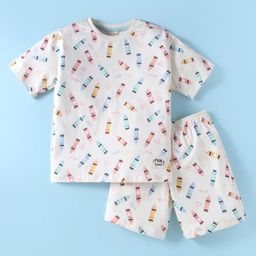 CUCUMBER Sinker Knit Half Sleeves Shorts Night Suit With Crayon Print - Cream-picture-47