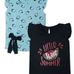 Nino Togs Cotton Pack Of 2 Cap Sleeves Hello Sweet Summer Text & Penguins Printed Tees - Light Blue & Black-picture-28