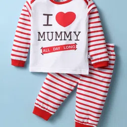 Mini Taurus Sinker Knit Full Sleeves Night Suit with Stripes & I love Mommy Print - Red & White-picture-22
