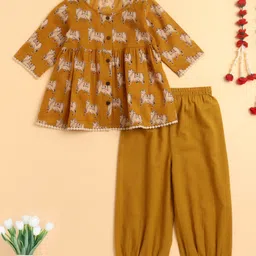 The Magic Wand Cotton Woven Three Fourth Sleeves Floral Printed Gota Lace Embellished Kurti Pant Set - Mustard-picture-33