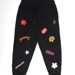 Kiddopanti Cotton Knit Floral & Typography Printed Track Pants - Jet Black-picture-34